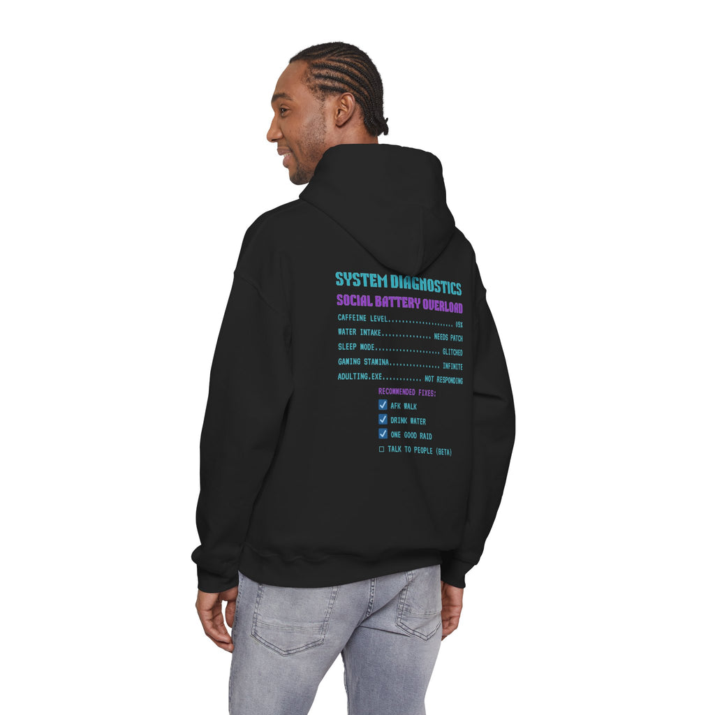 🔋 Social Battery Critical Hoodie • Retro Gamer Front + Back • Human.exe Gamer Edition • Cozy Introvert Gamer Hoodie • 80s–90s Gamer Gift