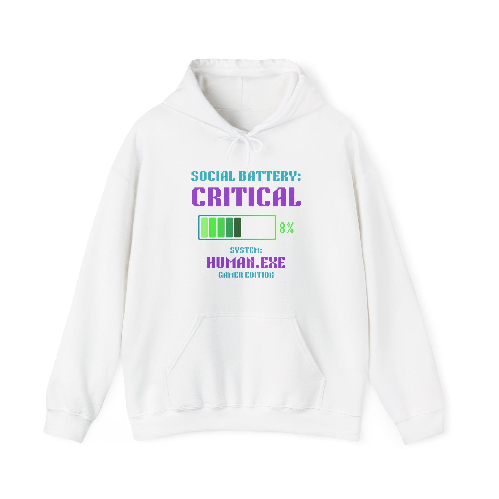 🔋 Social Battery Critical Hoodie • Retro Gamer Front + Back • Human.exe Gamer Edition • Cozy Introvert Gamer Hoodie • 80s–90s Gamer Gift