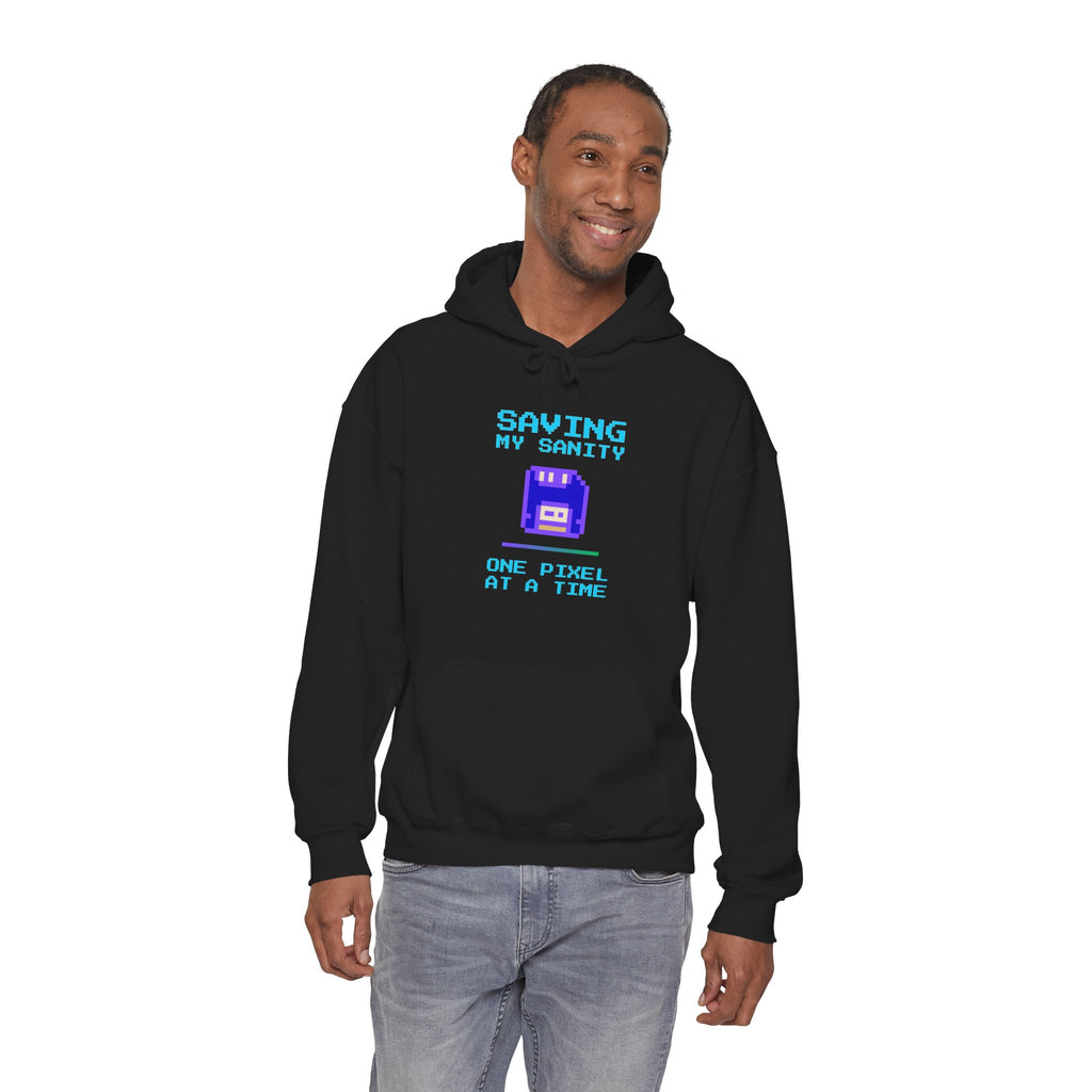 Saving My Sanity Hoodie – One Pixel at a Time Retro Gamer Sweatshirt (Mission Accomplished Front & Back Print)