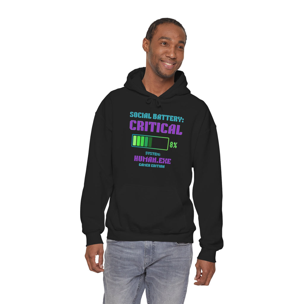 🔋 Social Battery Critical Hoodie • Retro Gamer Front + Back • Human.exe Gamer Edition • Cozy Introvert Gamer Hoodie • 80s–90s Gamer Gift