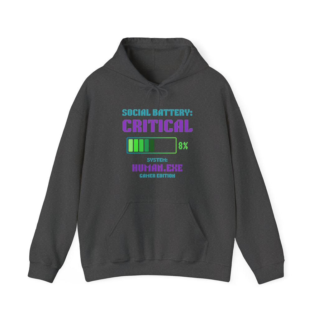 🔋 Social Battery Critical Hoodie • Retro Gamer Front + Back • Human.exe Gamer Edition • Cozy Introvert Gamer Hoodie • 80s–90s Gamer Gift