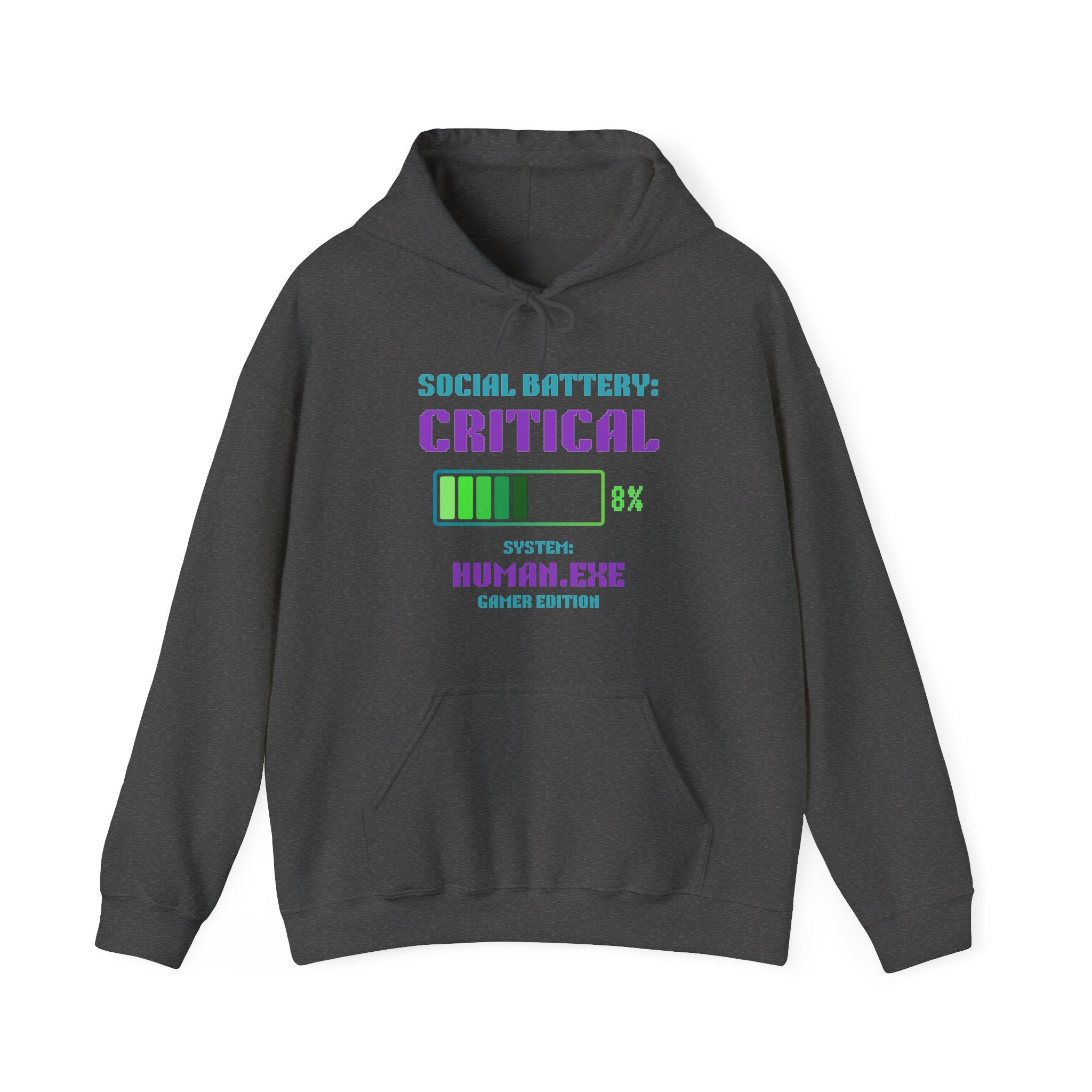 🔋 Social Battery Critical Hoodie • Retro Gamer Front + Back • Human.exe Gamer Edition • Cozy Introvert Gamer Hoodie • 80s–90s Gamer Gift