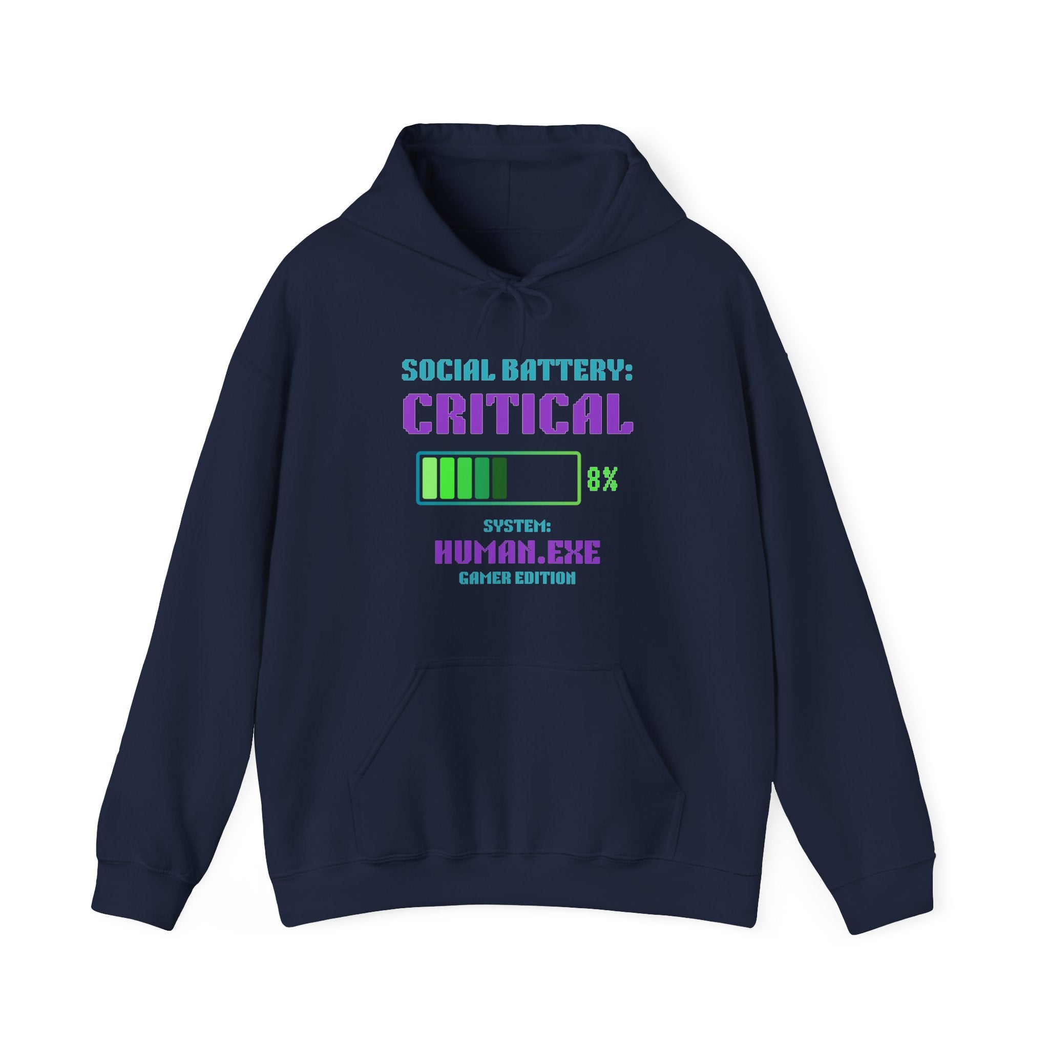 🔋 Social Battery Critical Hoodie • Retro Gamer Front + Back • Human.exe Gamer Edition • Cozy Introvert Gamer Hoodie • 80s–90s Gamer Gift