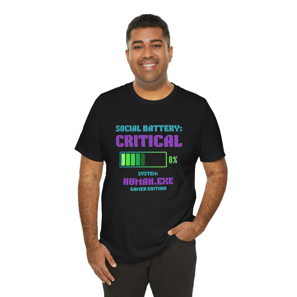 🔋 Social Battery Critical Shirt • Retro Gamer Front + Back Design • Human.exe Gamer Edition • Introvert Gamer Gift • Neon Arcade Tee