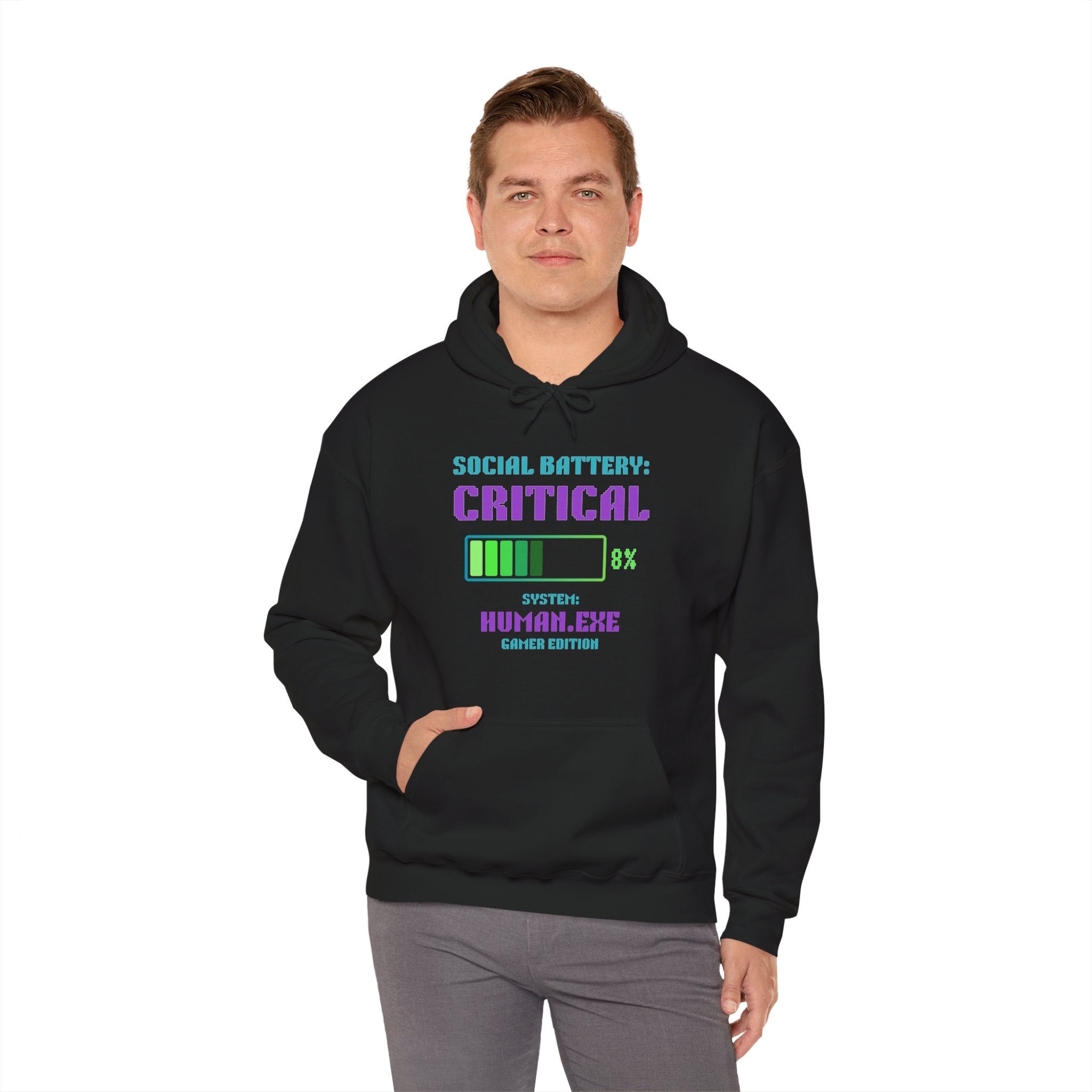 🔋 Social Battery Critical Hoodie • Retro Gamer Front + Back • Human.exe Gamer Edition • Cozy Introvert Gamer Hoodie • 80s–90s Gamer Gift