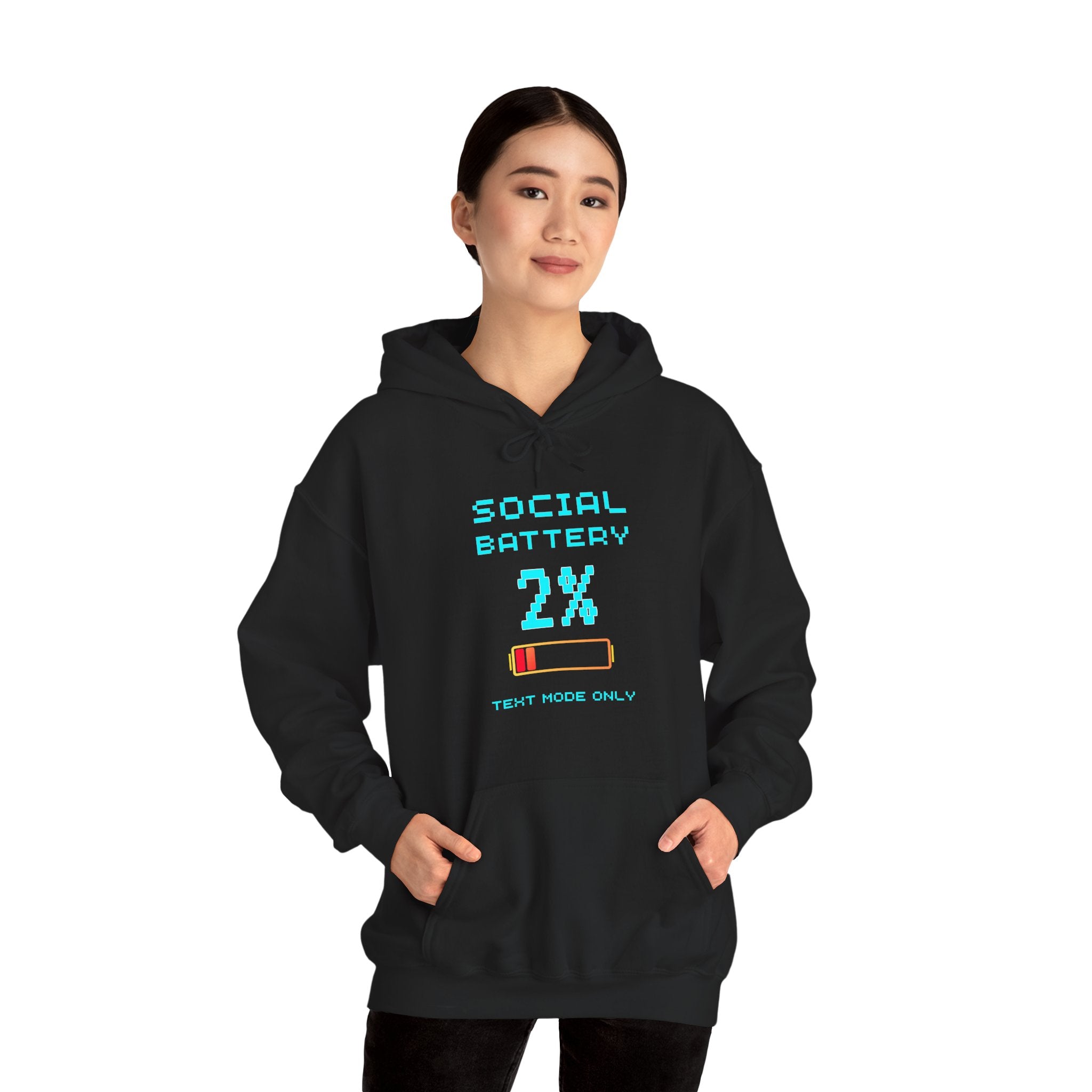 Social Battery 2% Hoodie – Text Mode Only Introvert Gamer Sweatshirt (Front & Back Print)