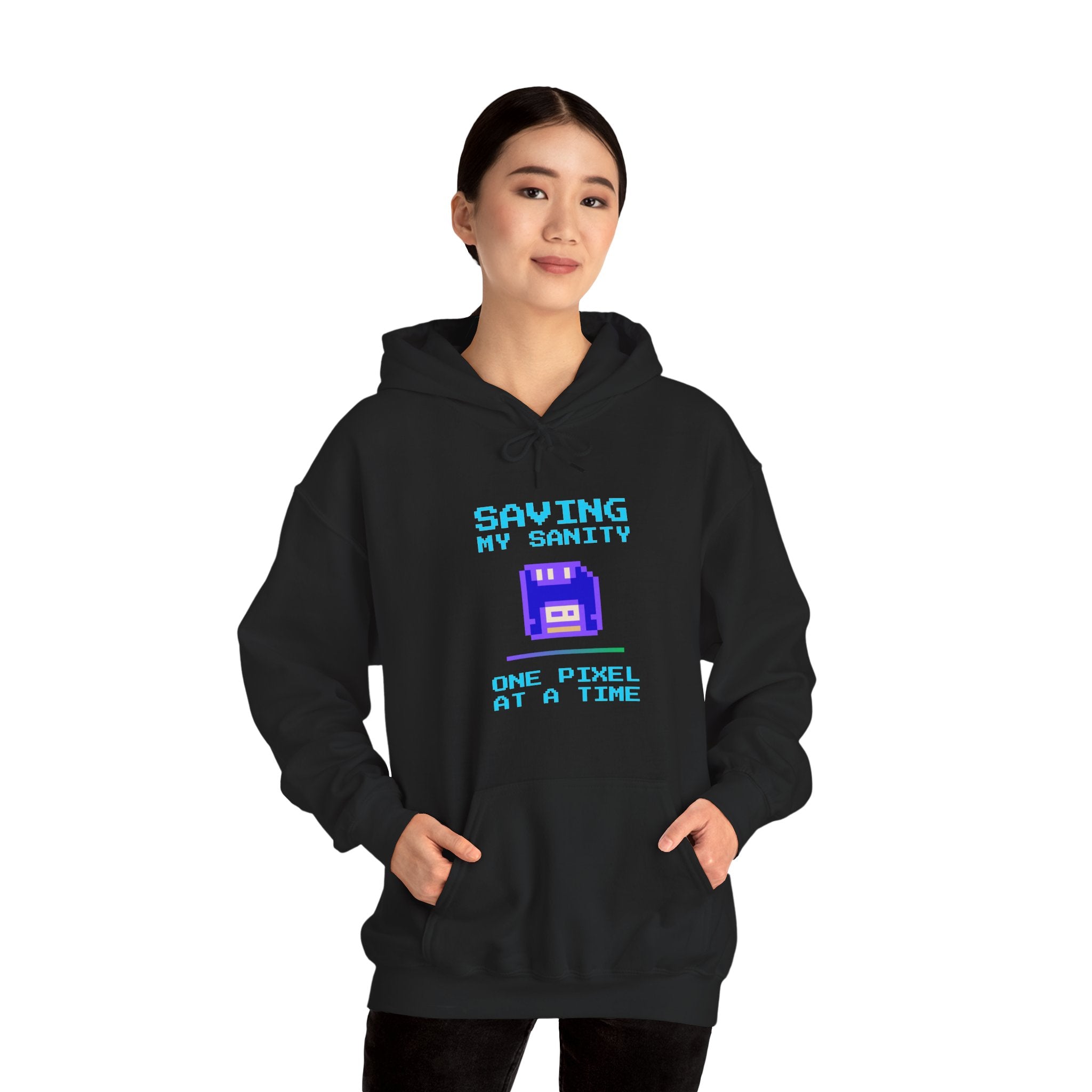 Saving My Sanity Hoodie – One Pixel at a Time Retro Gamer Sweatshirt (Mission Accomplished Front & Back Print)