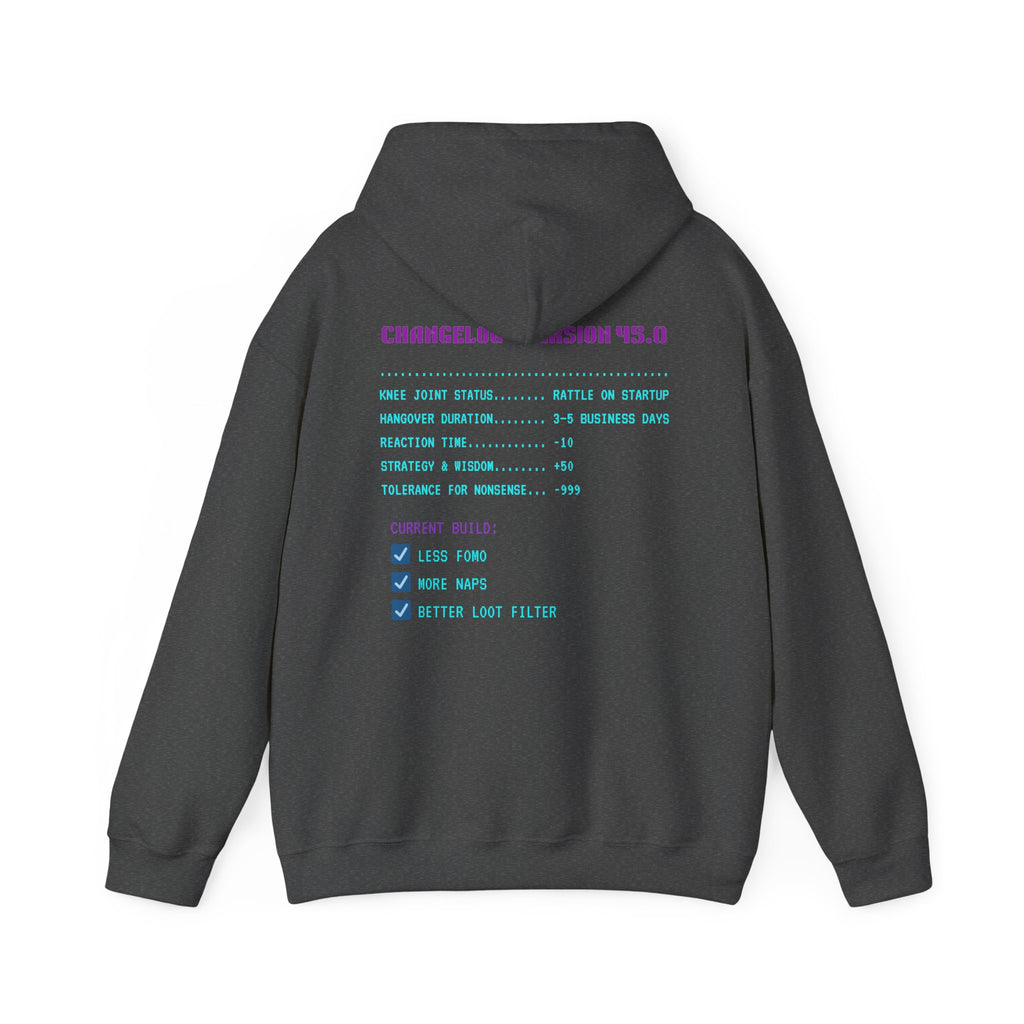 🎮 HUMAN.EXE Patch Notes v 45.0 Hoodie • Funny 45th Birthday Gamer Hoodie • Retro Changelog Sweatshirt • Cozy Level 45 Upgrade Gift