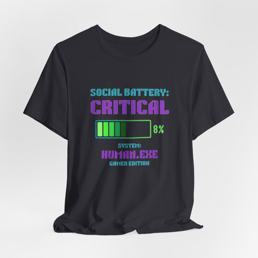🔋 Social Battery Critical Shirt • Retro Gamer Front + Back Design • Human.exe Gamer Edition • Introvert Gamer Gift • Neon Arcade Tee
