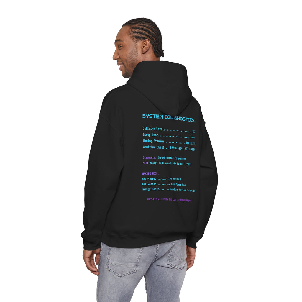 Low Energy Gamer Hoodie – Caffeine Required to Respawn Funny Gamer Coffee Sweatshirt (System Diagnostics Front & Back Print)