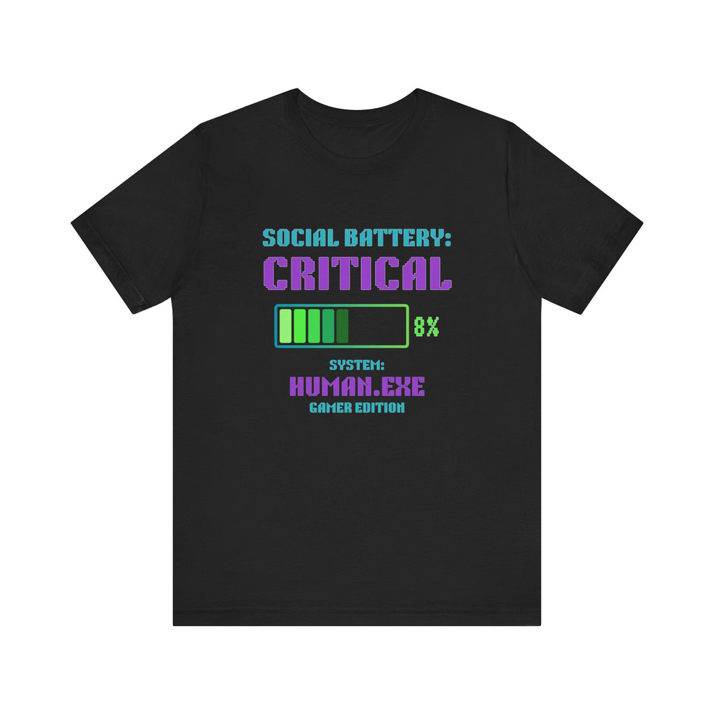 🔋 Social Battery Critical Shirt • Retro Gamer Front + Back Design • Human.exe Gamer Edition • Introvert Gamer Gift • Neon Arcade Tee