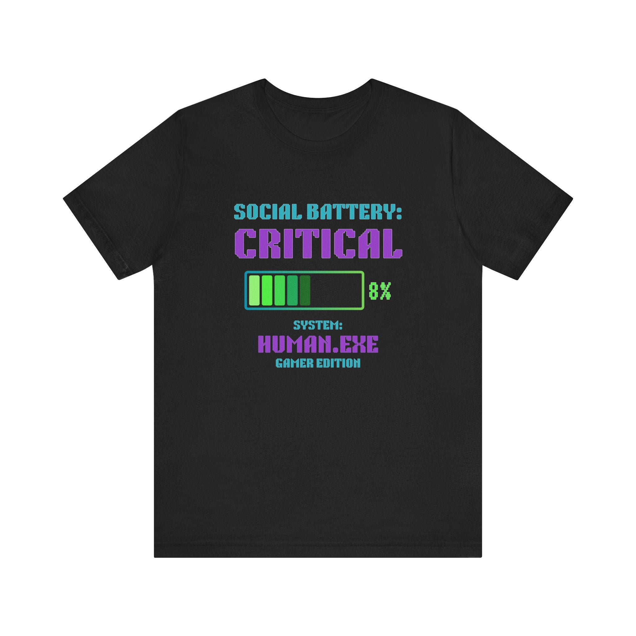 🔋 Social Battery Critical Shirt • Retro Gamer Front + Back Design • Human.exe Gamer Edition • Introvert Gamer Gift • Neon Arcade Tee