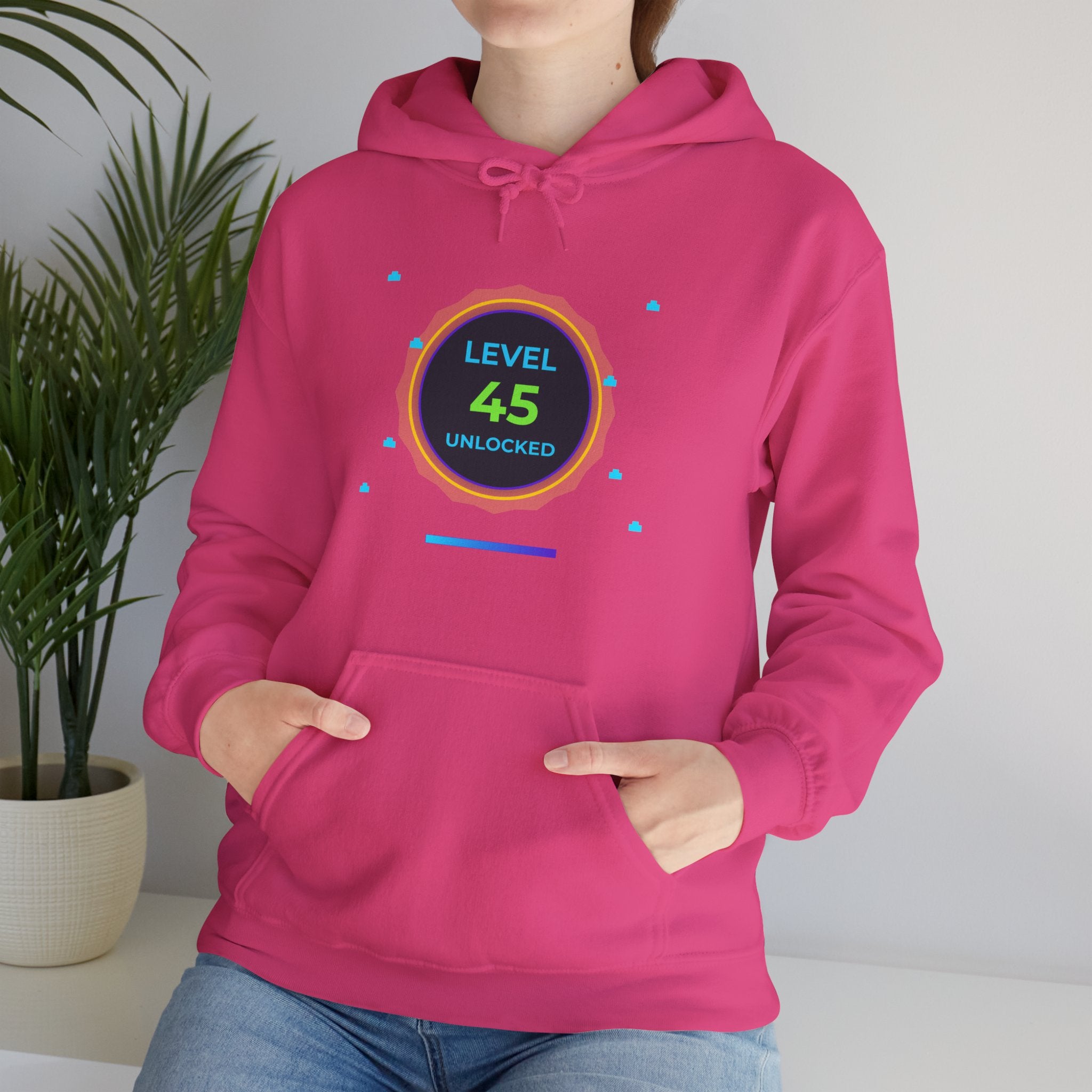 🔥 Level 45 Legend Hoodie • Retro Gamer 45th Birthday Gift • Front + Back Design • Arcade Achievement Hoodie