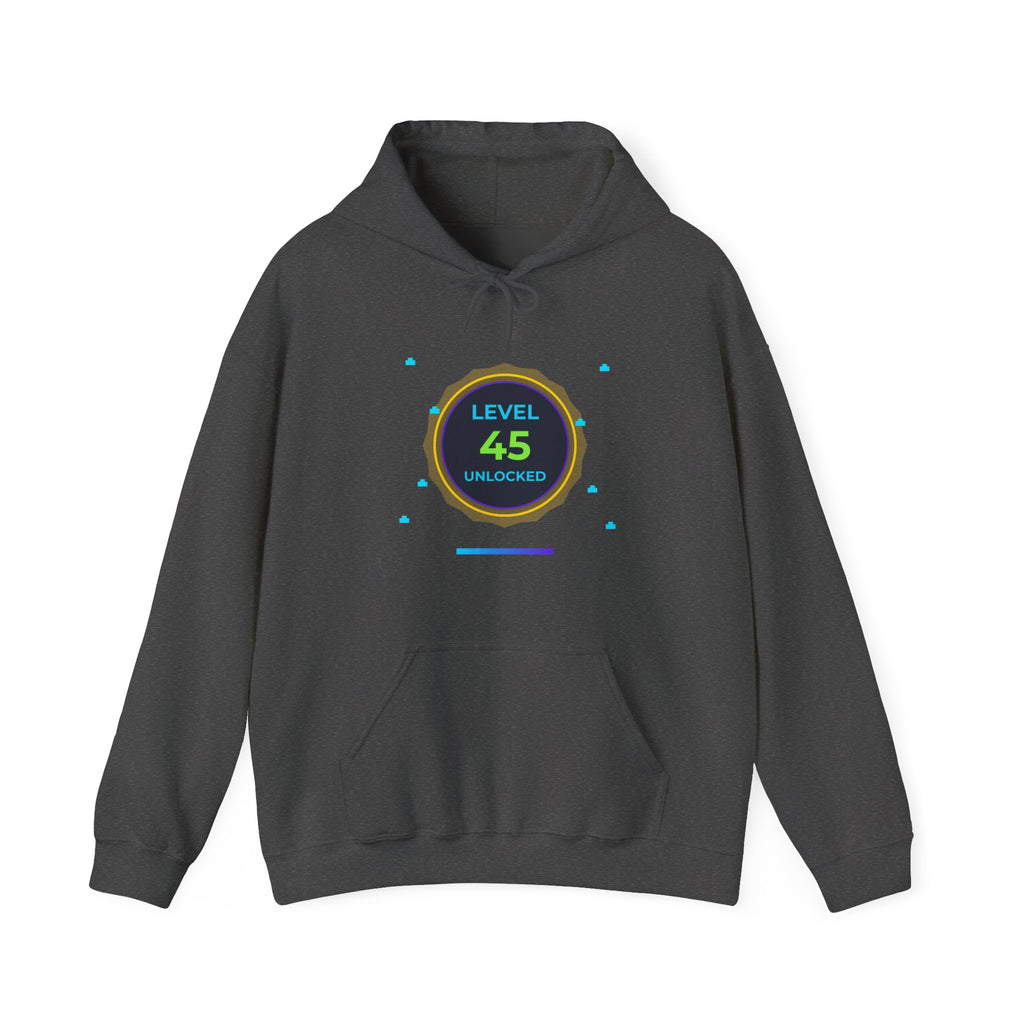 🔥 Level 45 Legend Hoodie • Retro Gamer 45th Birthday Gift • Front + Back Design • Arcade Achievement Hoodie