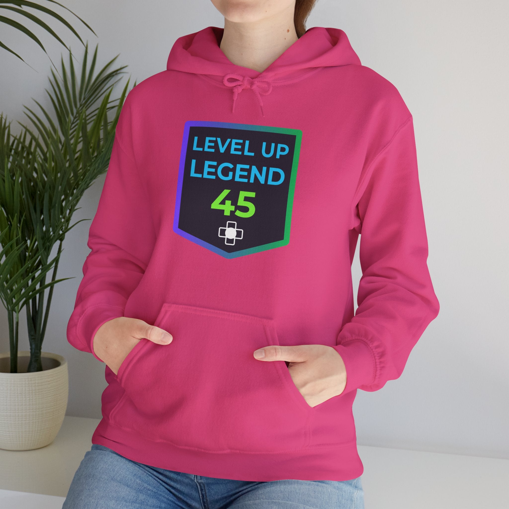 🔥 Level 45 Legend Hoodie • Retro Gamer 45th Birthday Gift • Front + Back Design • Arcade Achievement Hoodie