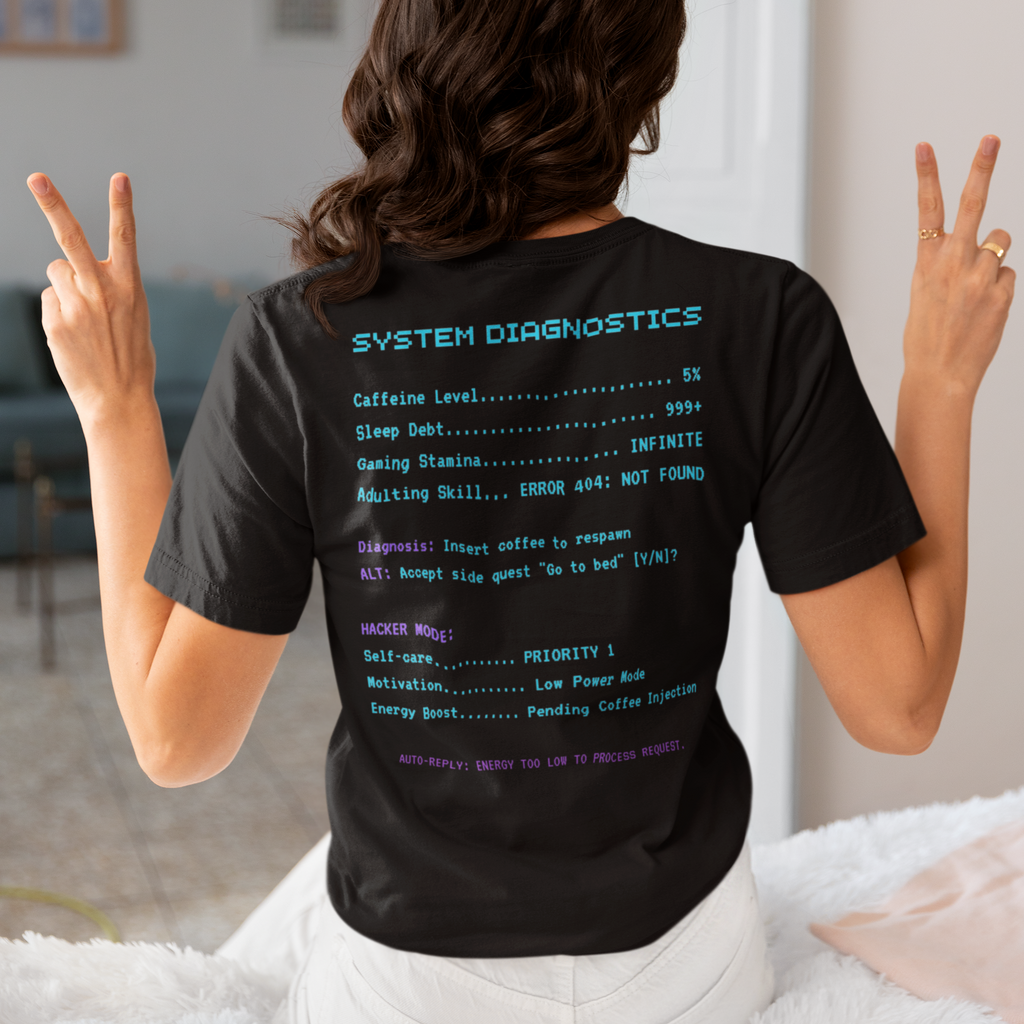 Low Energy Gamer Shirt – Caffeine Required to Respawn Funny Coffee Addict Tee (System Diagnostics Front & Back Print)