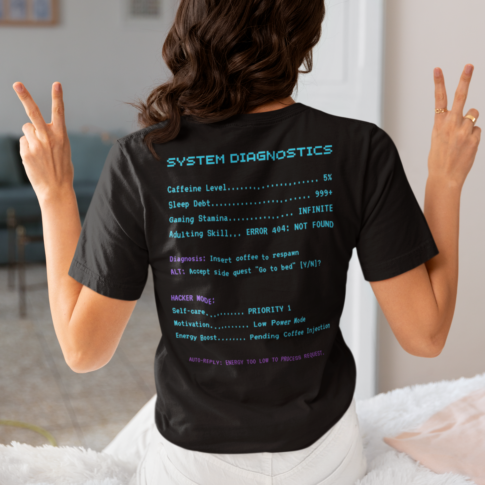 Low Energy Gamer Shirt – Caffeine Required to Respawn Funny Coffee Addict Tee (System Diagnostics Front & Back Print)