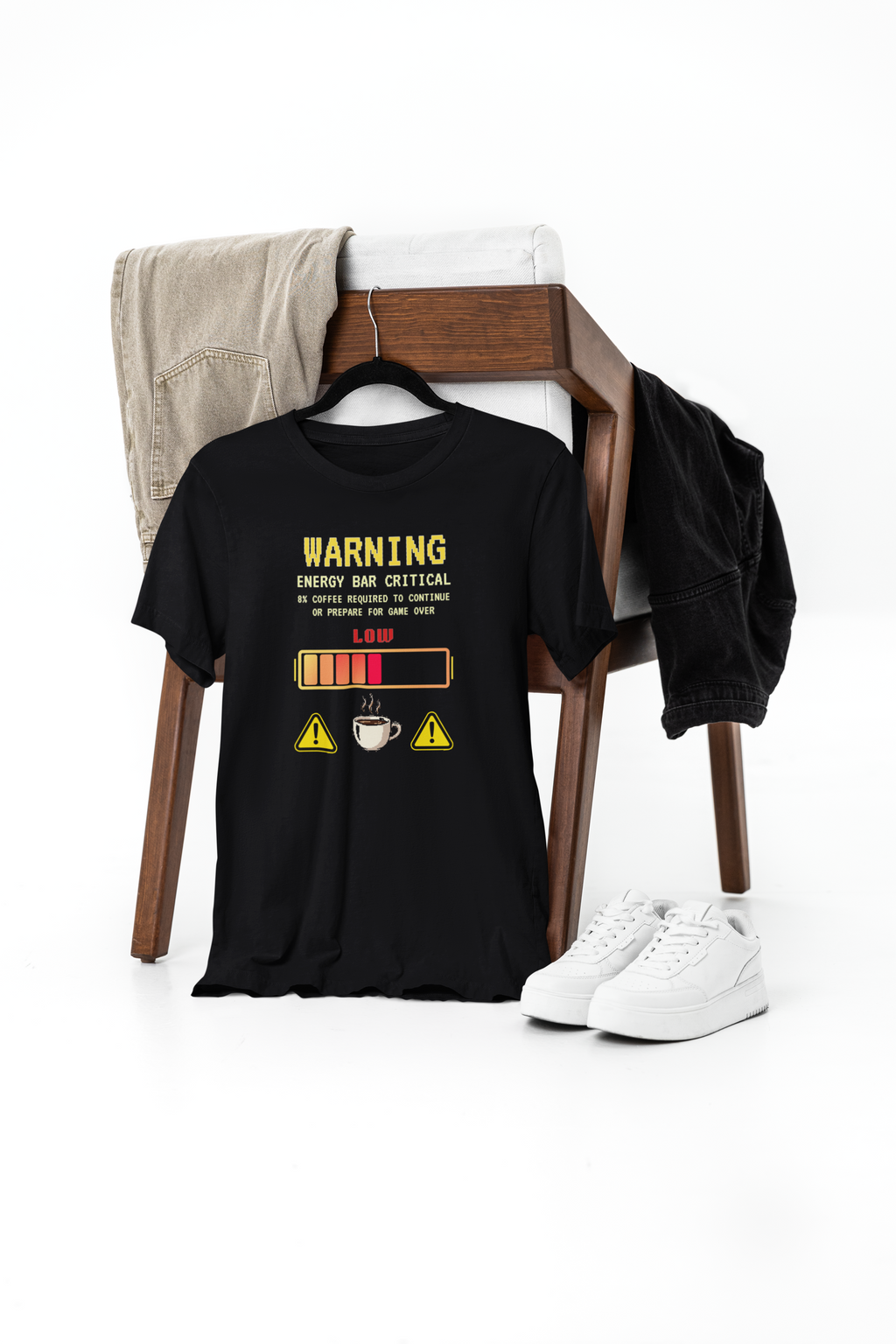 Low Energy Gamer Shirt – Caffeine Required to Respawn Funny Coffee Addict Tee (System Diagnostics Front & Back Print)