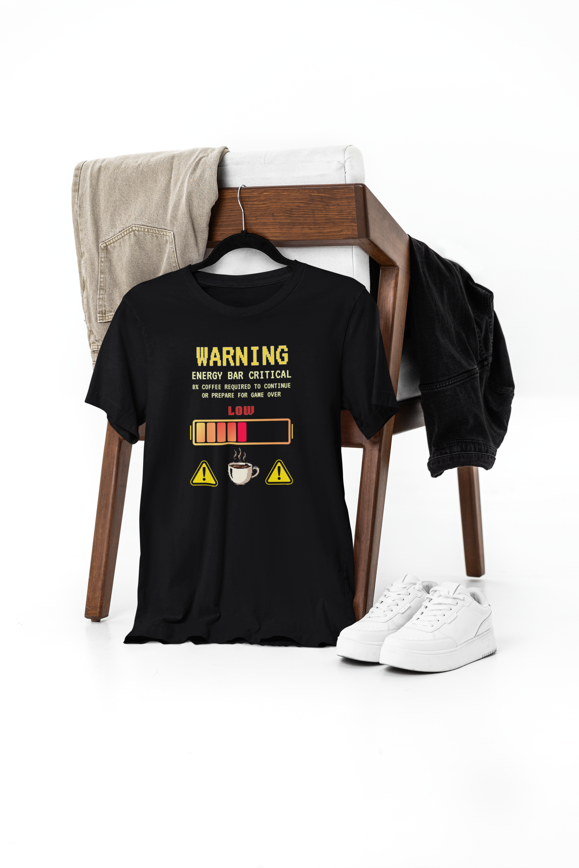 Low Energy Gamer Shirt – Caffeine Required to Respawn Funny Coffee Addict Tee (System Diagnostics Front & Back Print)