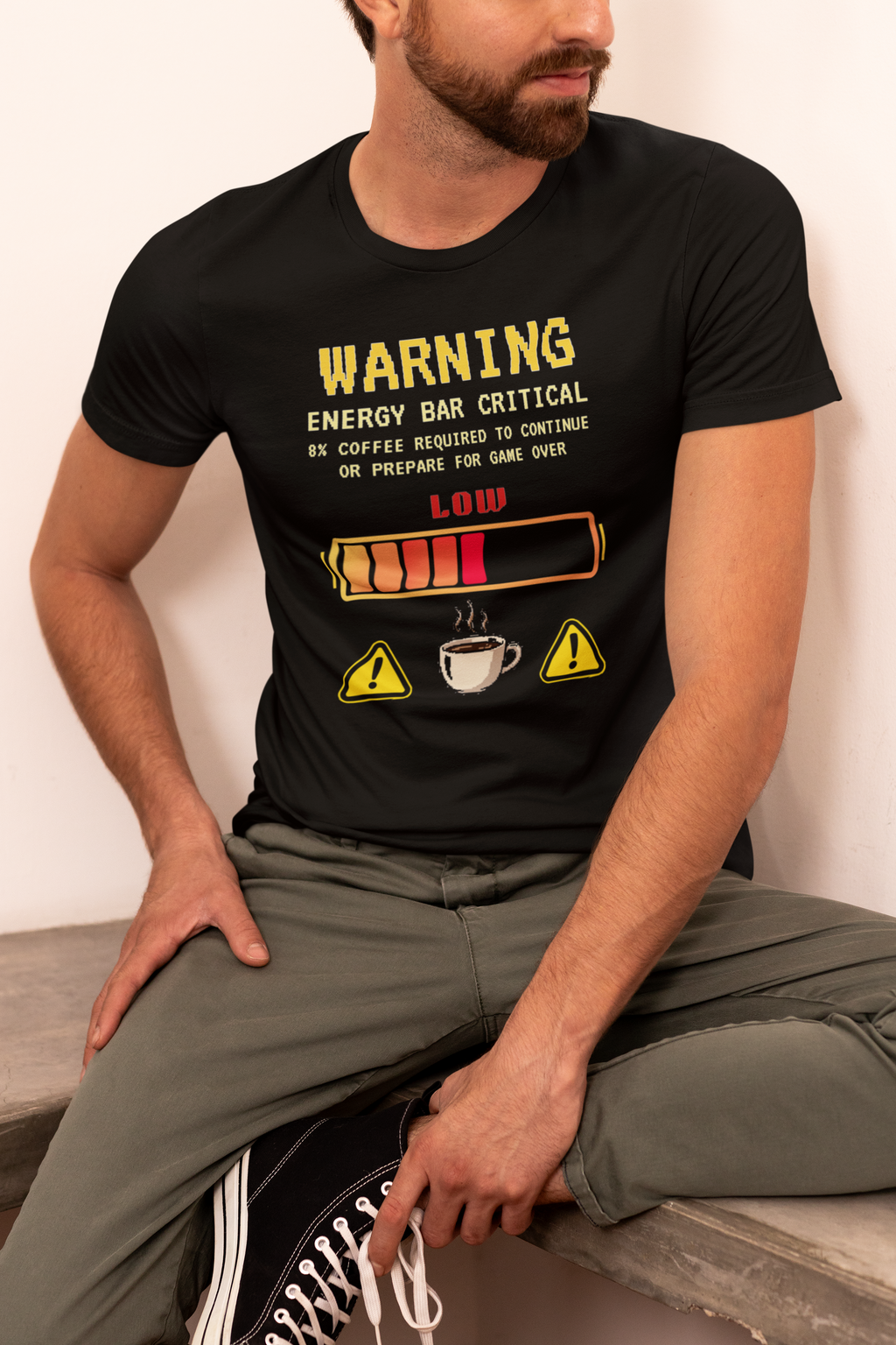 Low Energy Gamer Shirt – Caffeine Required to Respawn Funny Coffee Addict Tee (System Diagnostics Front & Back Print)