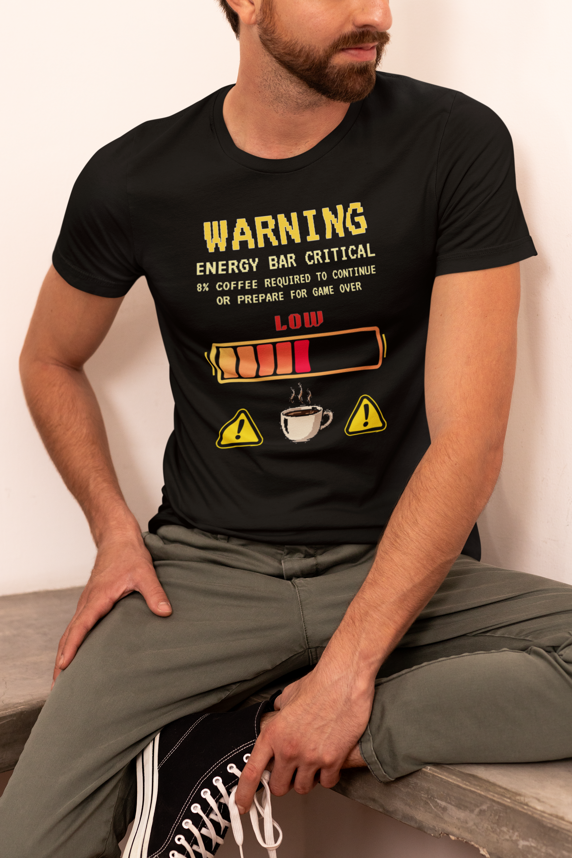Low Energy Gamer Shirt – Caffeine Required to Respawn Funny Coffee Addict Tee (System Diagnostics Front & Back Print)