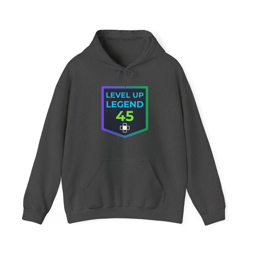 🔥 Level 45 Legend Hoodie • Retro Gamer 45th Birthday Gift • Front + Back Design • Arcade Achievement Hoodie