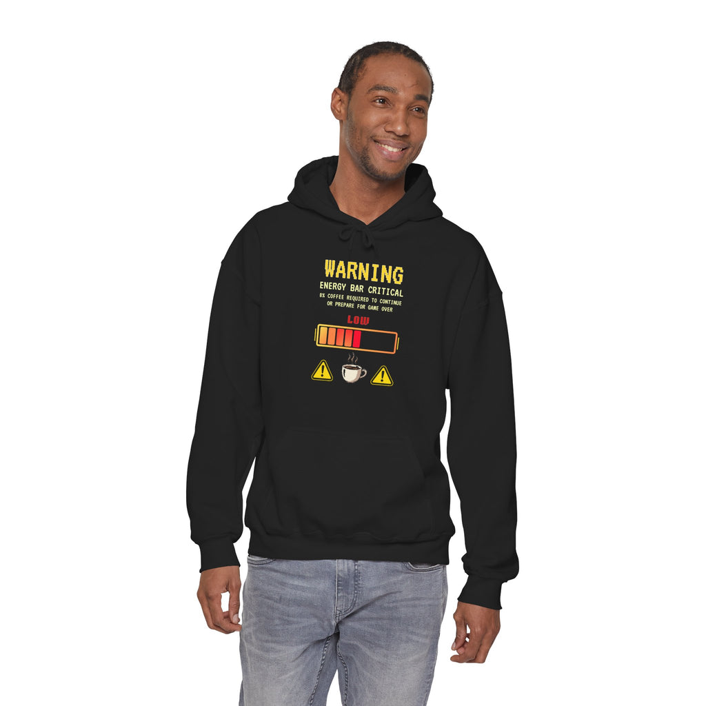 Low Energy Gamer Hoodie – Caffeine Required to Respawn Funny Gamer Coffee Sweatshirt (System Diagnostics Front & Back Print)