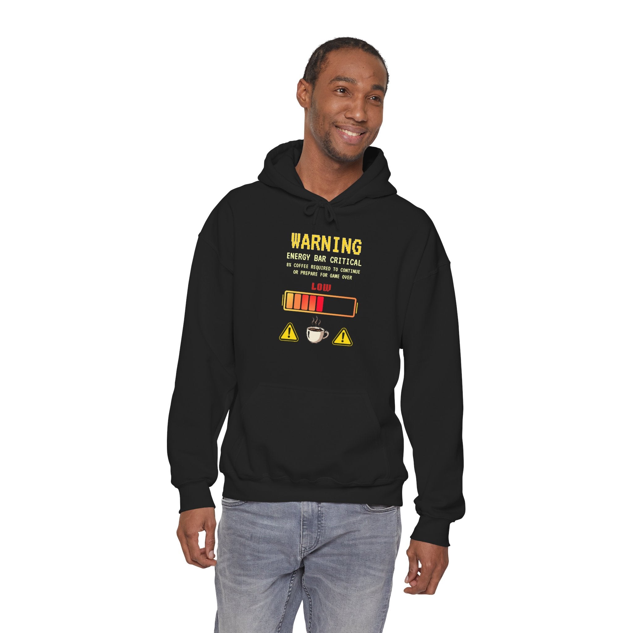 Low Energy Gamer Hoodie – Caffeine Required to Respawn Funny Gamer Coffee Sweatshirt (System Diagnostics Front & Back Print)