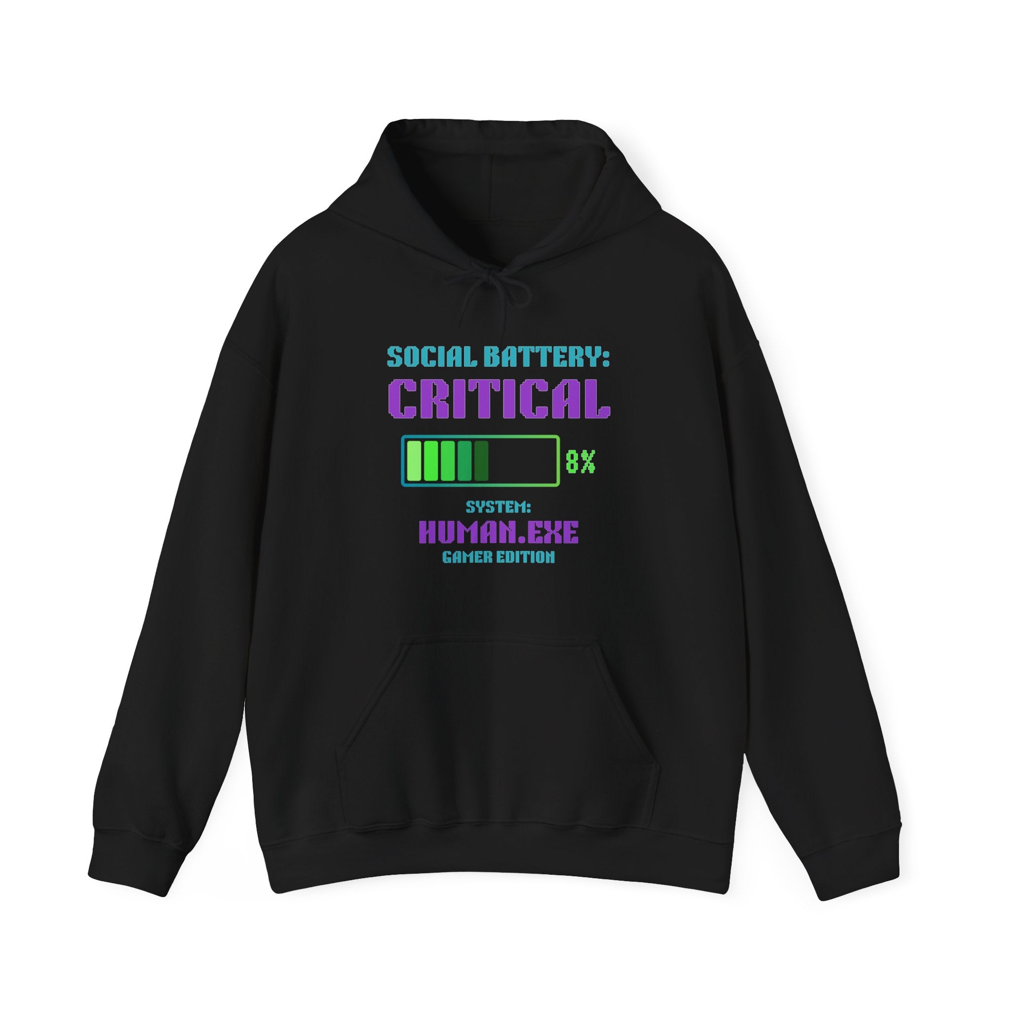 🔋 Social Battery Critical Hoodie • Retro Gamer Front + Back • Human.exe Gamer Edition • Cozy Introvert Gamer Hoodie • 80s–90s Gamer Gift
