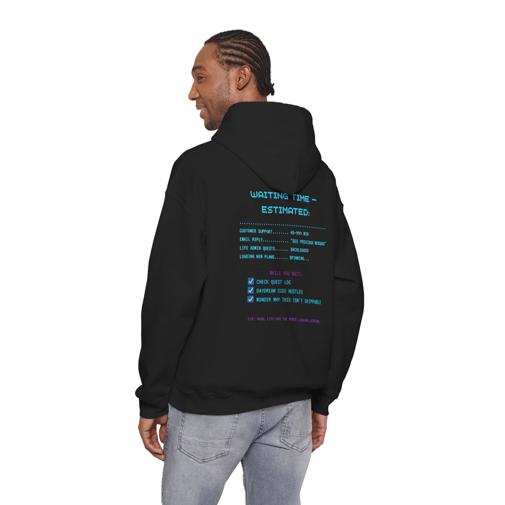 Queue Simulator – Real Life Edition Hoodie (Front & Back Print) Waiting Time Estimated Gamer Sweatshirt