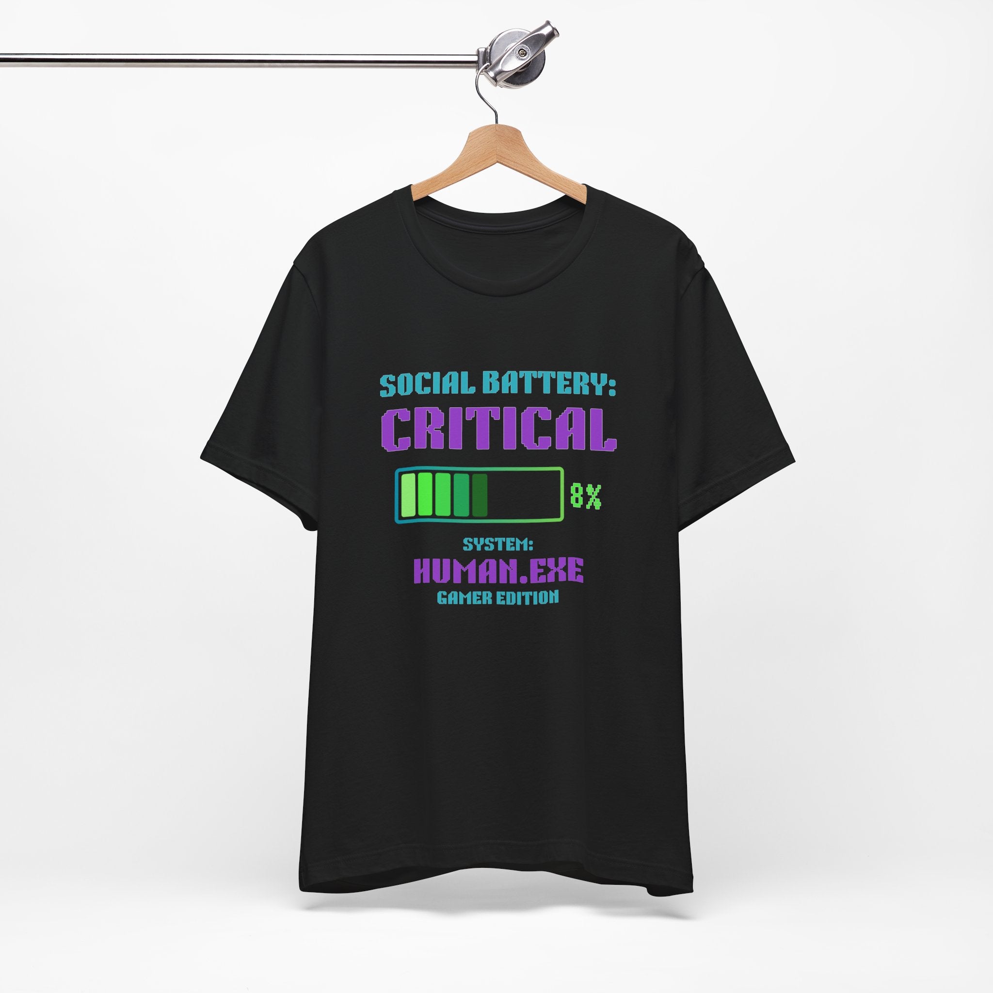 🔋 Social Battery Critical Shirt • Retro Gamer Front + Back Design • Human.exe Gamer Edition • Introvert Gamer Gift • Neon Arcade Tee