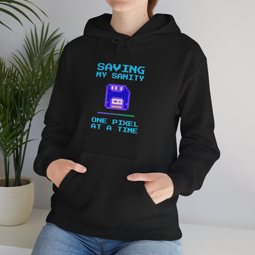 Saving My Sanity Hoodie – One Pixel at a Time Retro Gamer Sweatshirt (Mission Accomplished Front & Back Print)