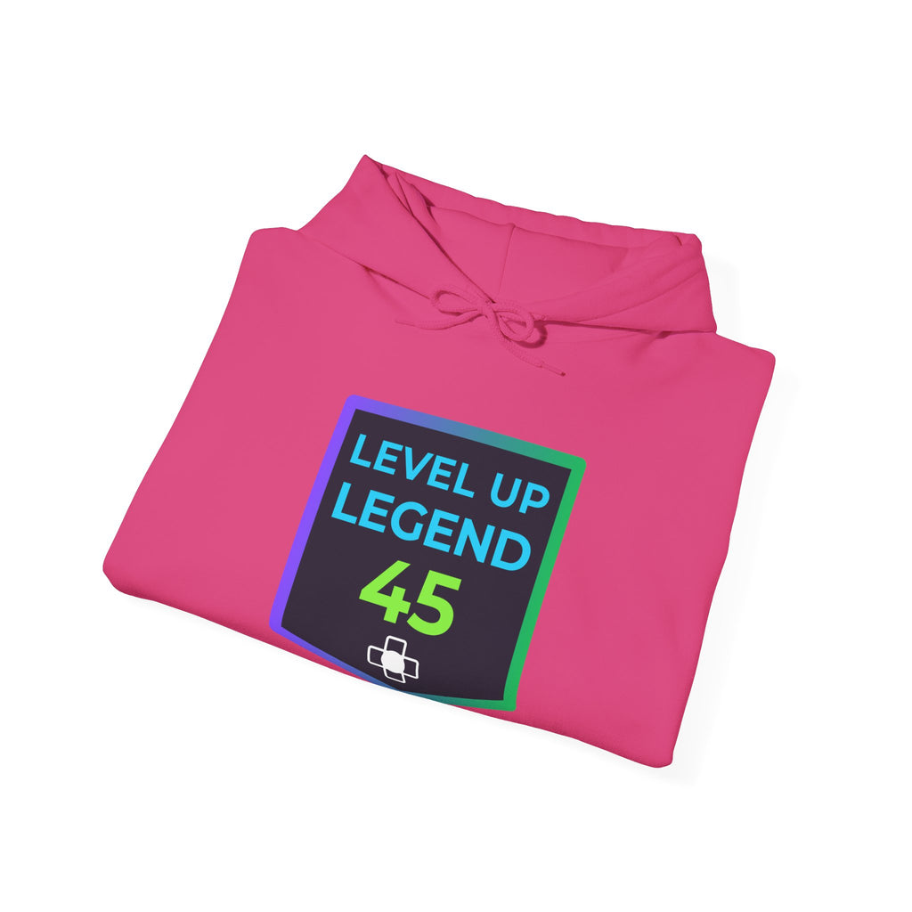🔥 Level 45 Legend Hoodie • Retro Gamer 45th Birthday Gift • Front + Back Design • Arcade Achievement Hoodie