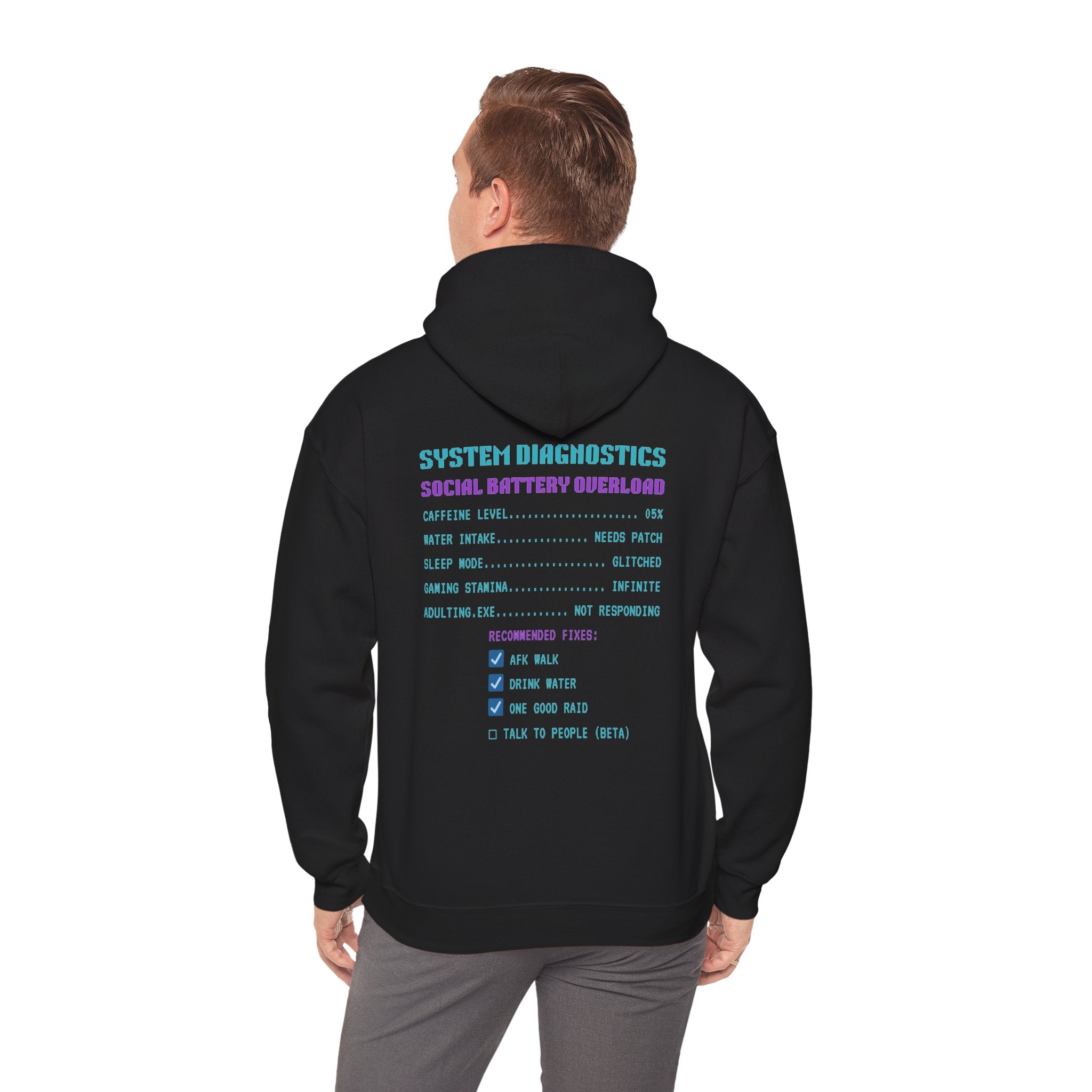 🔋 Social Battery Critical Hoodie • Retro Gamer Front + Back • Human.exe Gamer Edition • Cozy Introvert Gamer Hoodie • 80s–90s Gamer Gift