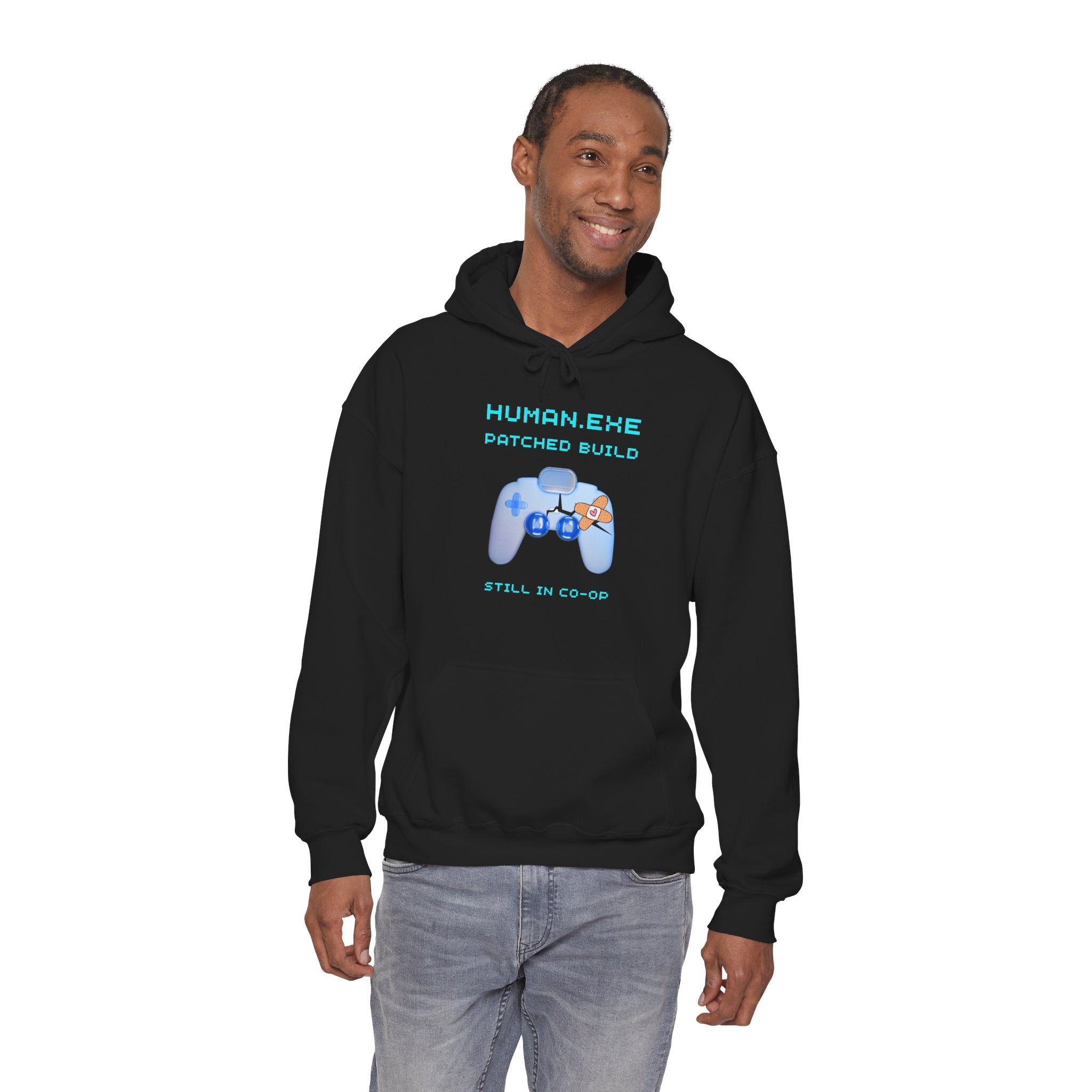 HUMAN.EXE Patched Build Hoodie – Still in Co-Op 40+ Gamer Sweatshirt (Front & Back Print)