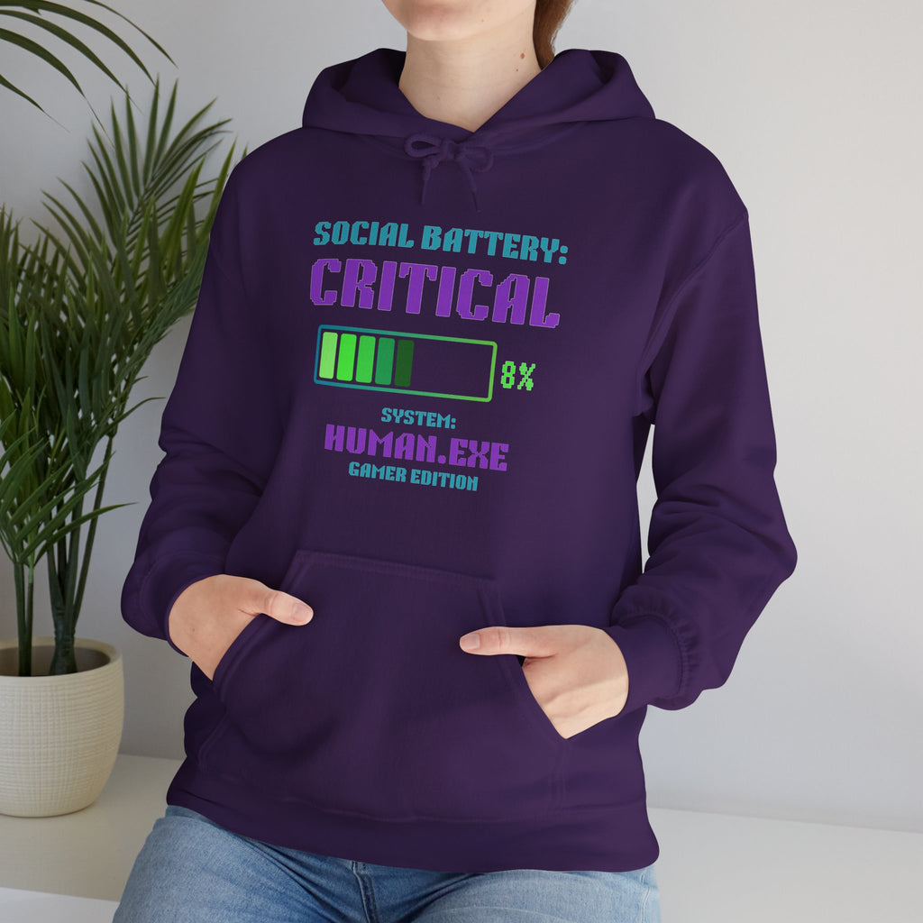 🔋 Social Battery Critical Hoodie • Retro Gamer Front + Back • Human.exe Gamer Edition • Cozy Introvert Gamer Hoodie • 80s–90s Gamer Gift