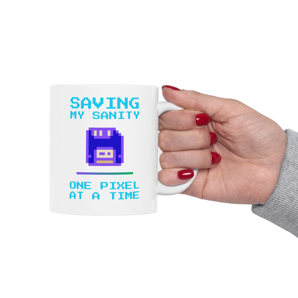 ☕ Saving My Sanity Mug • One Pixel at a Time • Gamer Mental Health Gift • Retro Floppy Disk Coffee Cup