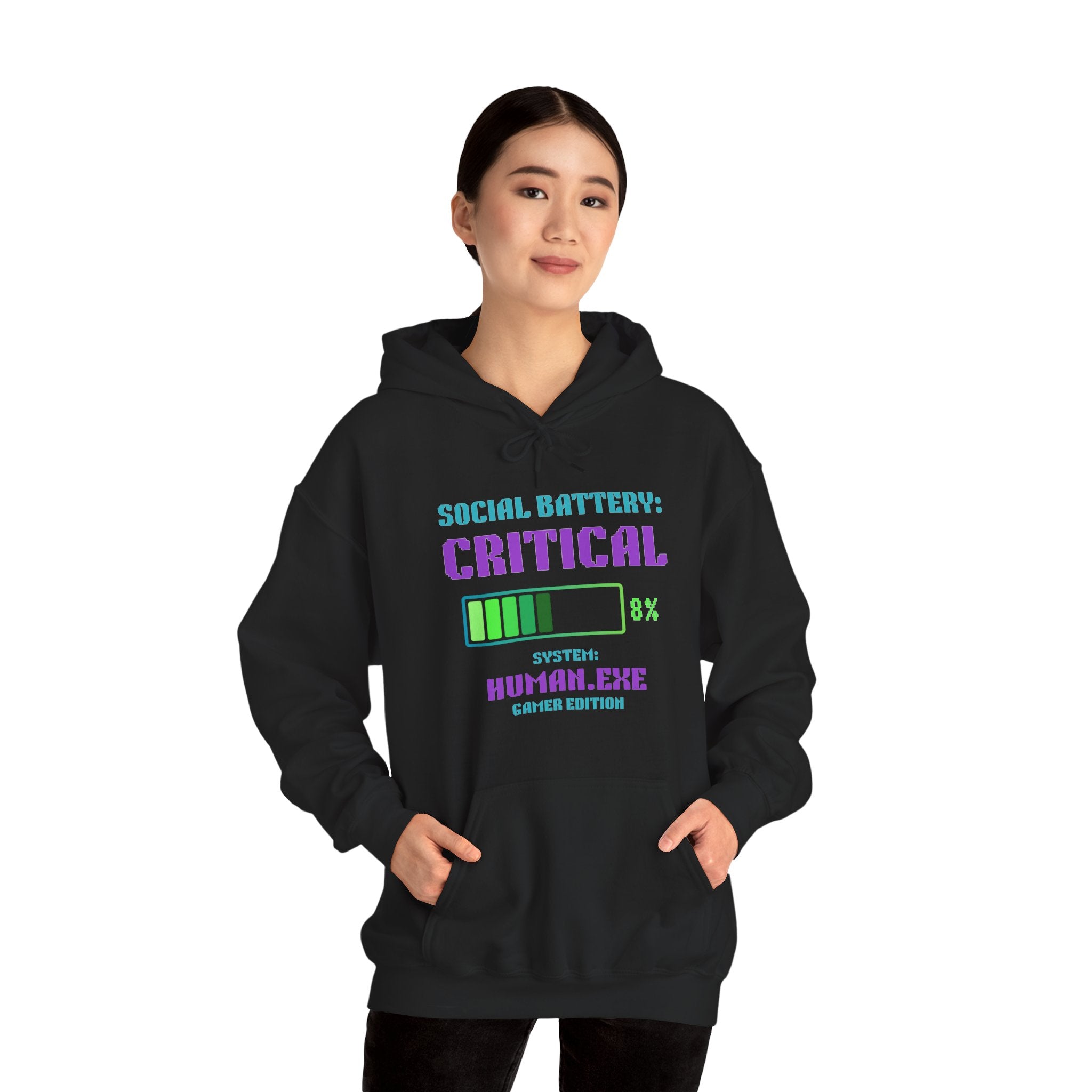 Social Battery: Critical Hoodie – HUMAN.EXE Needs a Recharge Gamer Sweatshirt (Front & Back Print)