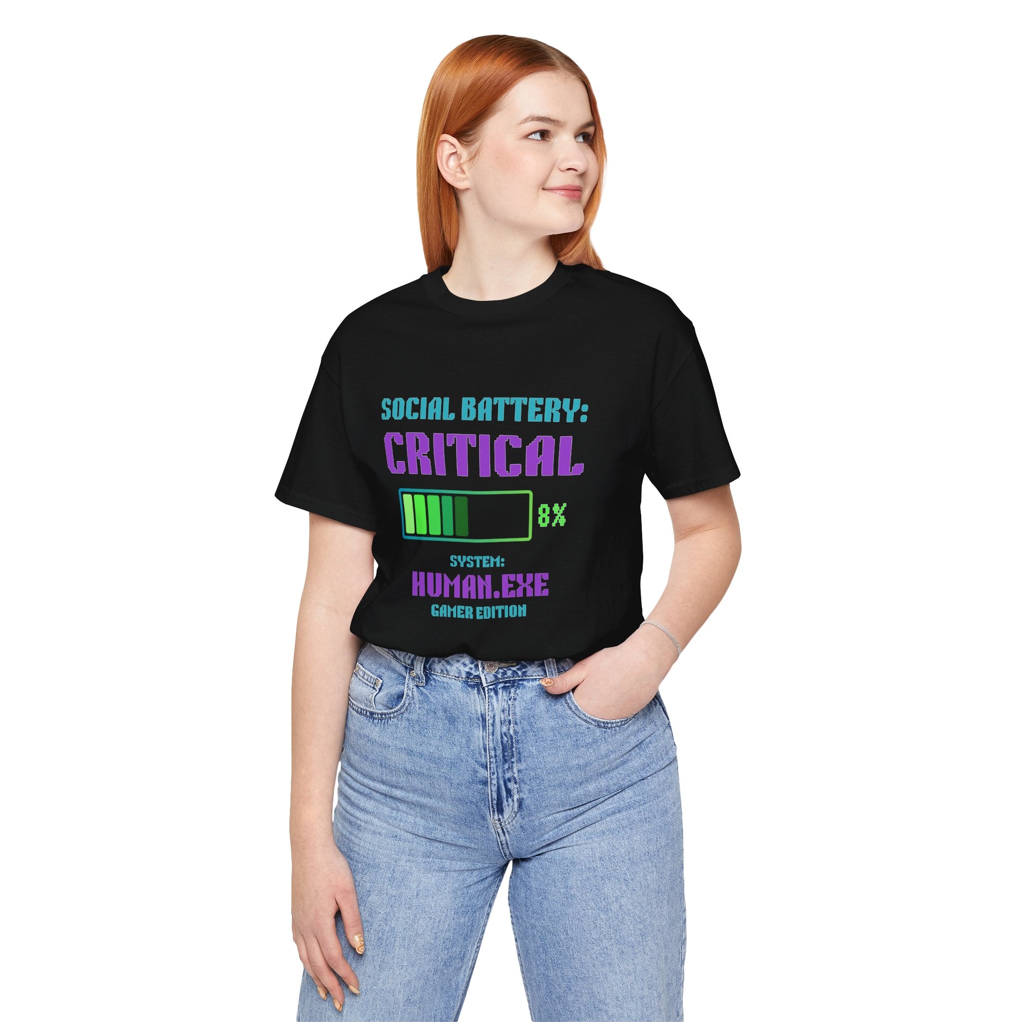 🔋 Social Battery Critical Shirt • Retro Gamer Front + Back Design • Human.exe Gamer Edition • Introvert Gamer Gift • Neon Arcade Tee