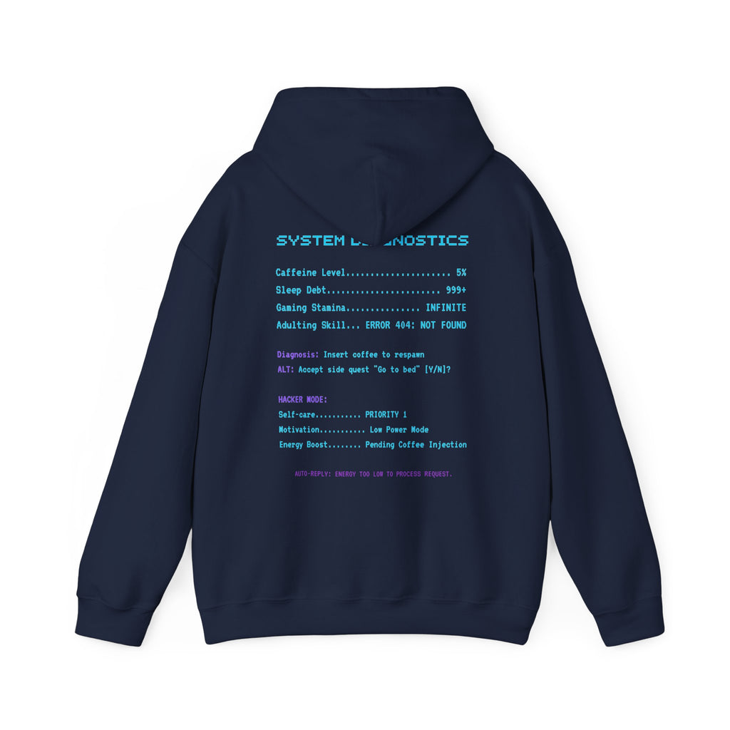 Low Energy Gamer Hoodie – Caffeine Required to Respawn Funny Gamer Coffee Sweatshirt (System Diagnostics Front & Back Print)